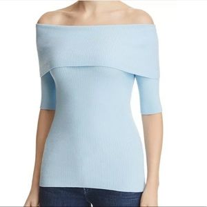 MICHAEL KORS Blue Ribbed Knit Off Shoulder Top